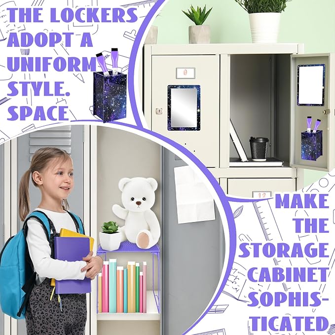 Demonwer 9 Pcs Locker Accessories Kit Purple Starry Sky Locker Organizer Magnetic Whiteboard Mirror Pen Holder Pen for Storage Organizing Shelf Back to School Party Supply