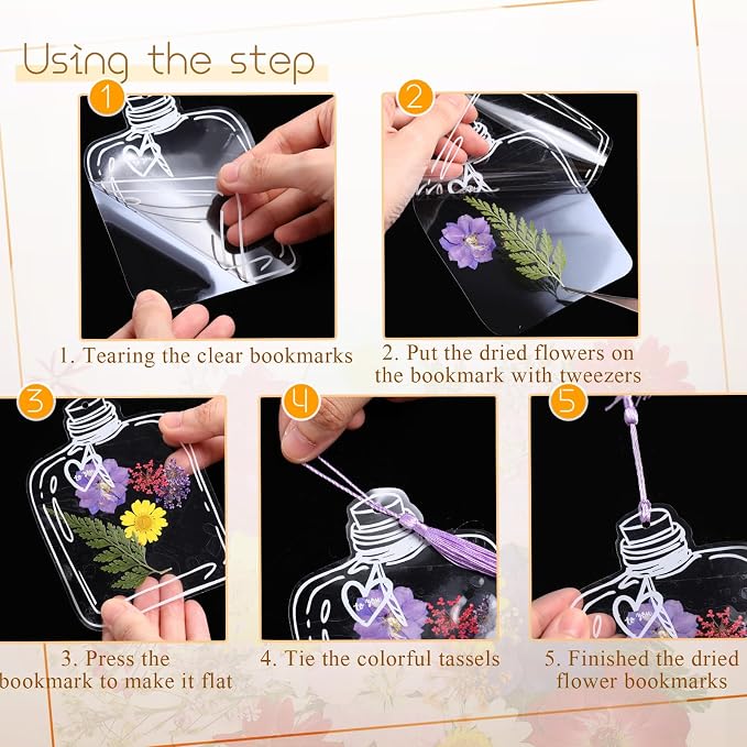TaoBary 161 Pcs DIY Transparent Dried Flower Bookmark Set Include Clear Bookmarks Dried Flowers Colorful Tassels and Tweezer Handmade Dried Floral Bookmark for Reader Book Bottle(Pretty)