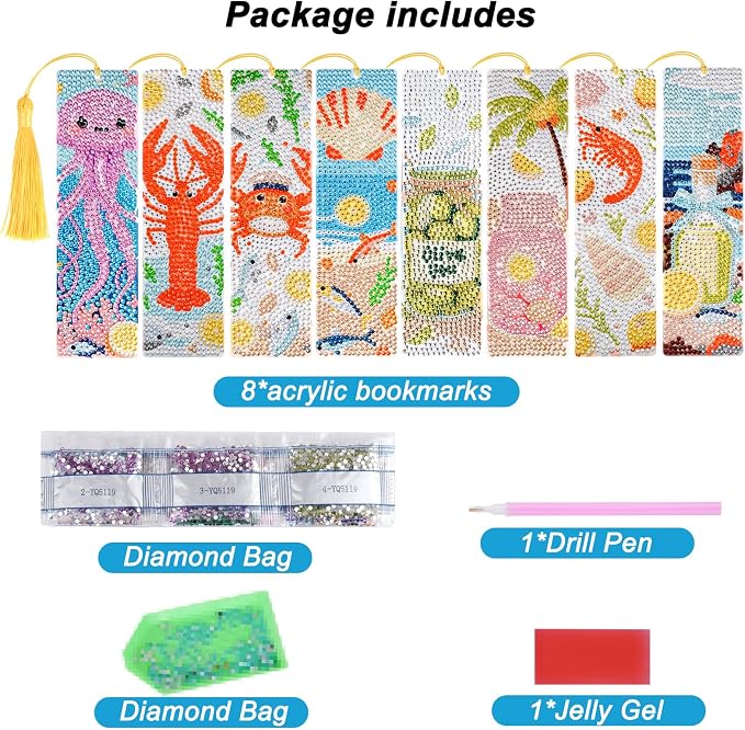 cnomg Diamond Art Bookmarks Kit for Adults 8 Pack Ocean Animals Diamond Painting Bookmarks with Tassels 5D DIY Ocean Sea Life Gem Art Bookmark Set Reading Gifts for Book Lovers Women
