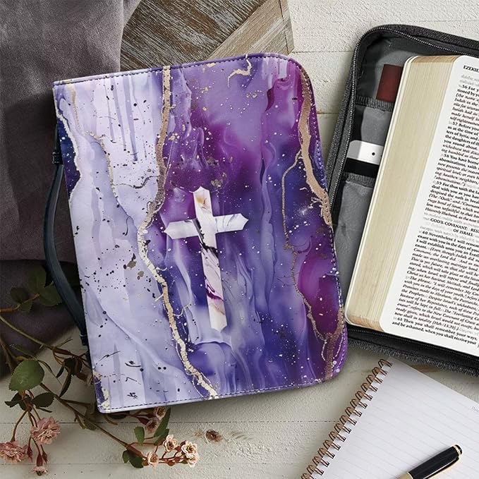Leather Bible Covers for Women，Bible Case Carrying Tote Bag,Personalized Bible Bag with Bookmark, Scripture Study Protector,Purple Marble and Cross,Small