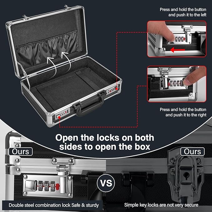 LOCKCURX File Organizer Storage Box - 14.2 x 9.4 x 4.5 Inch Medium, Portable Locking Storage Totes with Dual Combination Locks for Cash, Documents & Valuables - Black