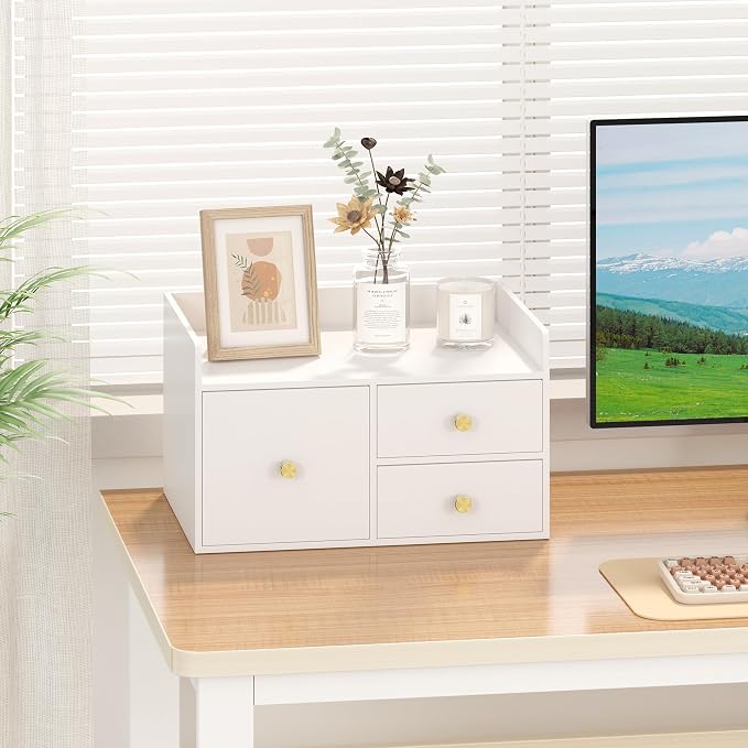 Bamboo Desk Organizer with Drawers Wooden Desktop Storage Drawers (1, White 3 Drawer)