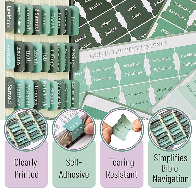 Mr. Pen- Bible Tabs, 75 Tabs, Jade Veil, Green Laminated Bible Tabs for Women and Men, Bible Tabs for Study Bible, Large Print Bible Index Tabs, Bible Book Tabs, Bible Labels Tabs, Mr. Pen Bible Tabs