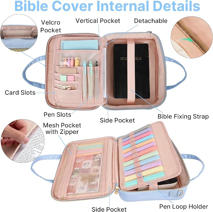 PUGPIU Bible Cover Case for Women, Large Quilted Bible Bag with Shoulder Strap and Handle, Bible Study Supplies Journaling Kit with Highlighters Pens No Bleed Tabs Notebook Cross Clips (Light Blue)