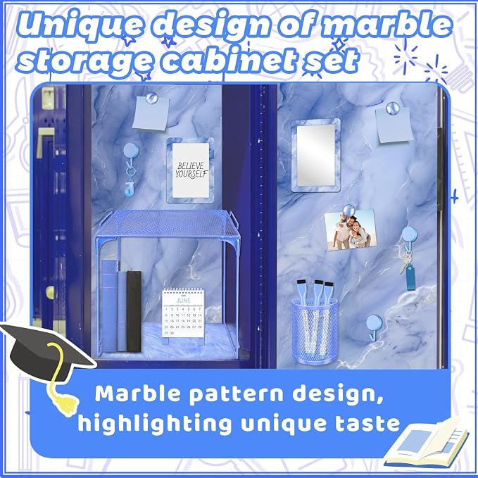 Demonwer Blue Locker Accessories Kit Locker Organizer Magnetic Mirror Whiteboard Pen Holder Small Carpet for Storage Organizing Shelf Back to School Party Supply