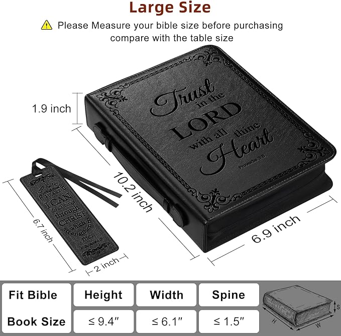 Large Bible Cover Case for Men Women, Mens Bible Covers Cases Leather Bible Cover Carrying Case for Women Men with Handle Zippered Bible Book Cover Holder Bag Case(Black, L)