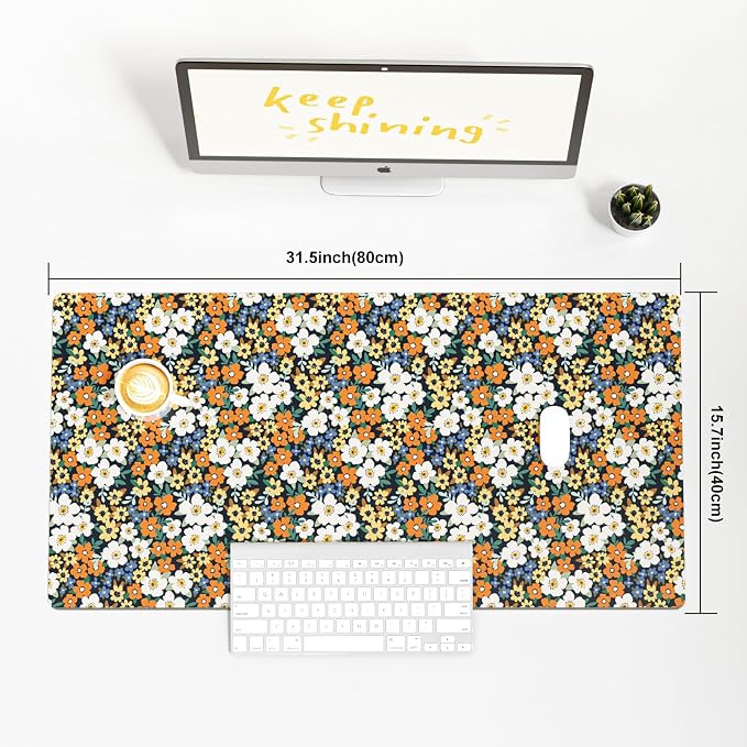 Colorful Star Large Mouse Pad, Floral Desk Mat Office Supplies, Waterproof Faux Leather Big Gaming Mousepad for Women Girls, Ditsy Wild Flowers Desk Pad Home Office Décor Accessories 31.5" x 15.7"