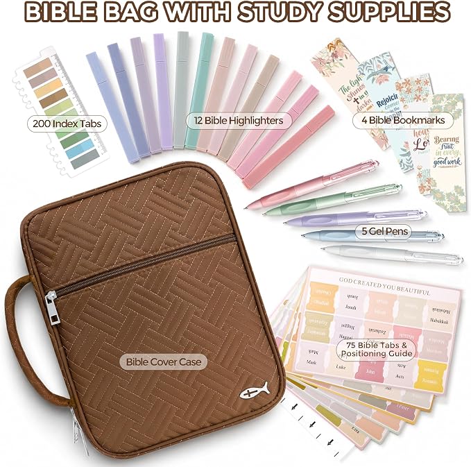 XKDOUS Bible Cover Case for Women, Large Bible Cover with Durable Handle, Washable Quilted Bible Case, Bible Study Supplies & Christian Gifts for Mom, Women, Men (Brown)