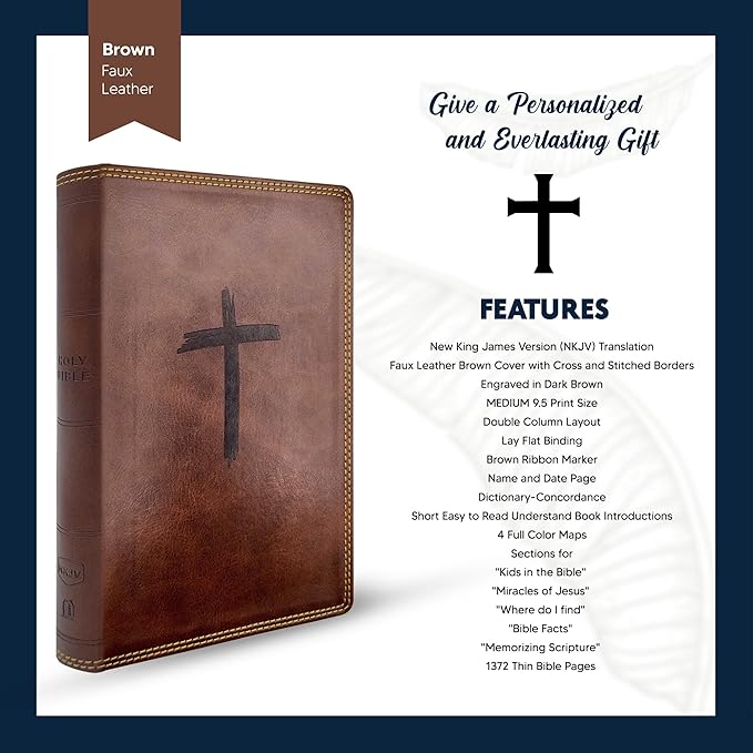 Custom Personalized Brown NKJV Kids Holy Bible | Medium Text | Engraved Name On Cross Emblem Faux Leather Cover | New King James Version