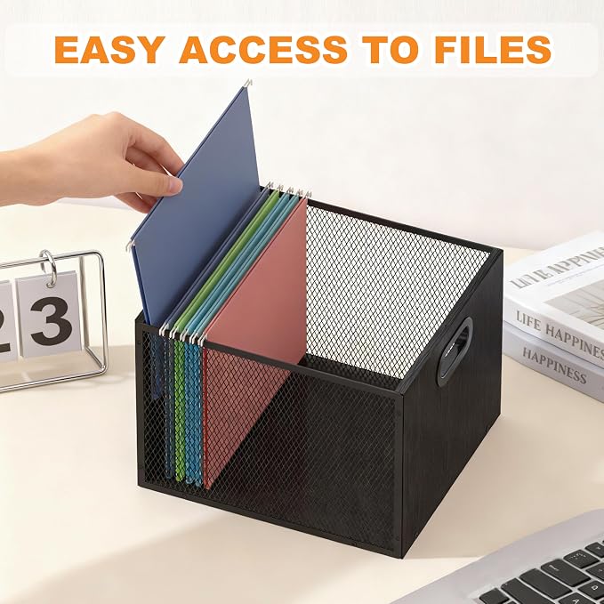 Piskyet Wooden Hanging File Organizer for desk, Metal Mesh File Folder Organizer Crate Cabinet Storage Box with Handle for Home Office Desk,Letter - Size,Black