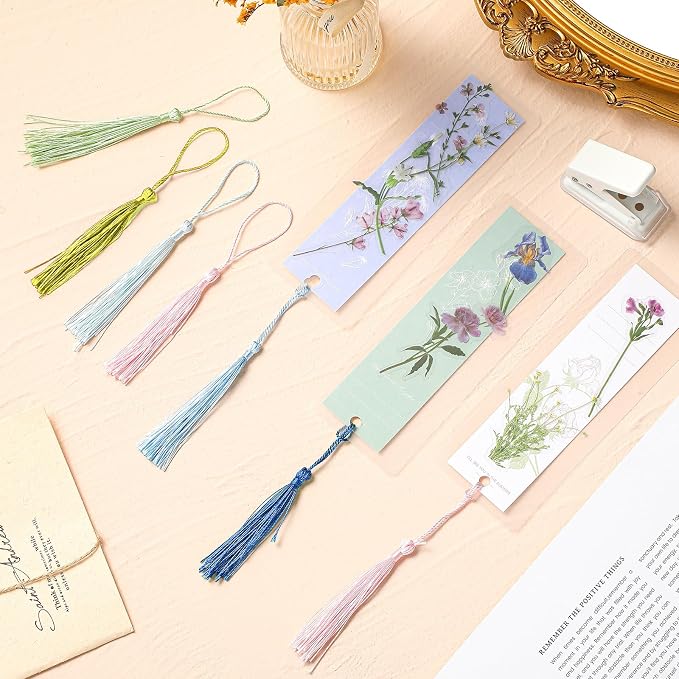 Fuyoooo 301 Pcs DIY Bookmark Making Kit 150 Bookmark Laminating Pouches 5 Mil Hot Laminator Sleeves with 150 Tassels and Puncher Fit Most Pouch Laminating Machines(Light Color,2.36 x 6.3 Inches)