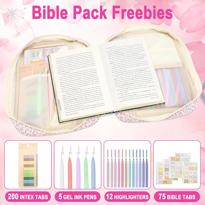 Zkptops Bible Cover Case for Women Girls Pink Large Bible Bag Cotton Quilted Floral Bible Carrying Case with Zipper Pocket and Handle Christian Carrying Book Cover for Christian Study Supplies