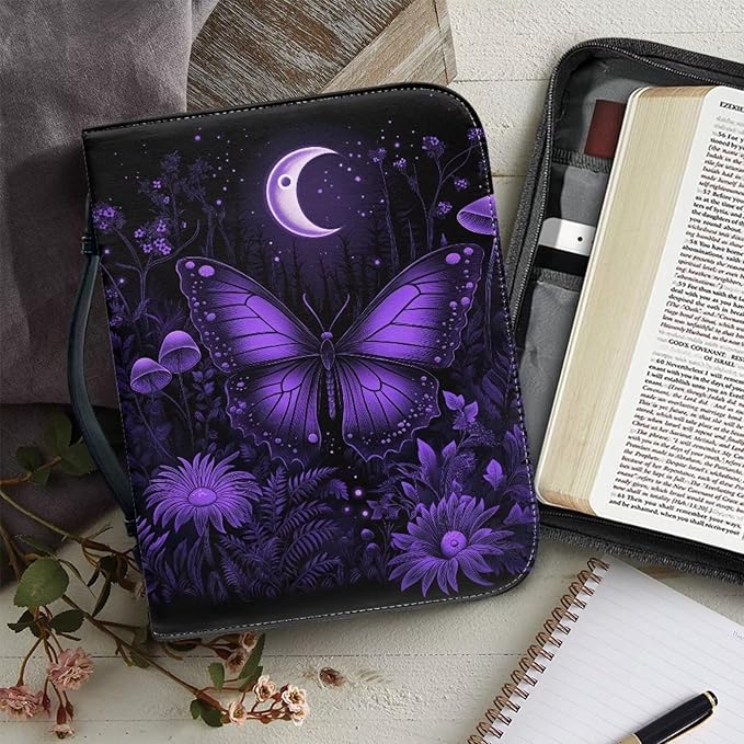 Purple Butterfly Bible Bag with Bible Cover Case for Women, Butterfly Print Bible Holder Case for Women Bible Study Accessories-Size M