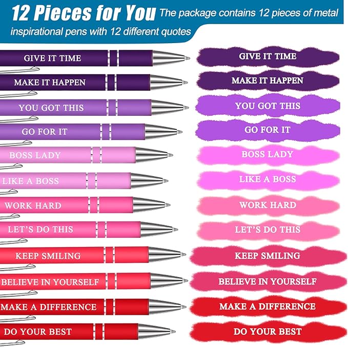 Zonon 12 Pcs Inspirational Pens Gift Set Funny Ballpoint Pen with Stylus Tip Motivational Graduation Gifts Bulk for Teacher Coworkers Nurse School Office Supplies(Pink Purple Colors,Boss Lady)
