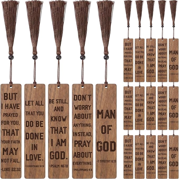 20 Pcs Father's Day Church Gifts 5.5" Walnut Christian Bookmarks for Men Man of God Wooden Bookmarks with Rope and Beads Handmade Carving Bible Book Marks for Father's Day Religious Favors