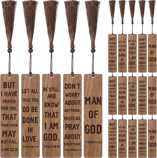 20 Pcs Father's Day Church Gifts 5.5" Walnut Christian Bookmarks for Men Man of God Wooden Bookmarks with Rope and Beads Handmade Carving Bible Book Marks for Father's Day Religious Favors