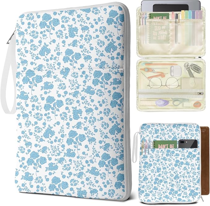 Blue Floral Bible Book Sleeve with Zipper,12"x 9" Padded Protector Washable Book Covers,Books Pouch with Handle Pockets,Travel Book Carrying Case for Books Lovers Paperback,Mother's Day Christian Gift