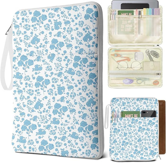 Blue Floral Bible Book Sleeve with Zipper,12"x 9" Padded Protector Washable Book Covers,Books Pouch with Handle Pockets,Travel Book Carrying Case for Books Lovers Paperback,Mother's Day Christian Gift
