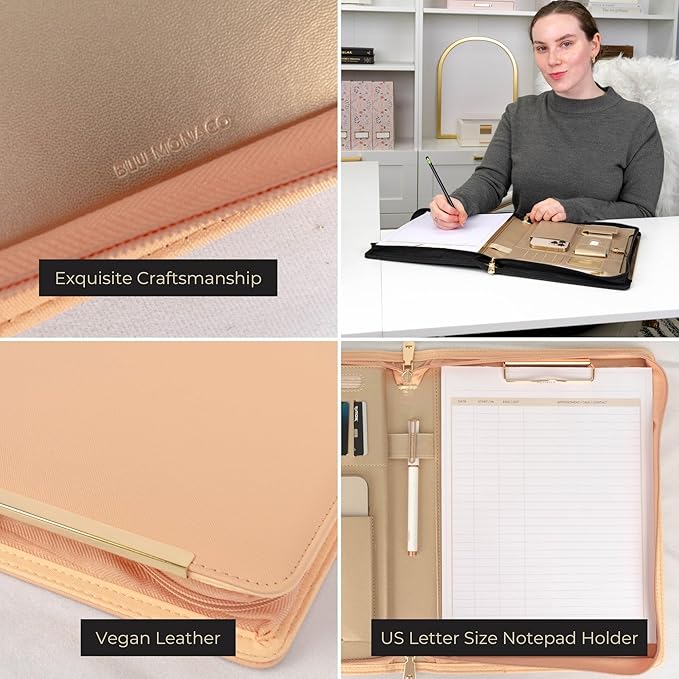 BLU MONACO | Peach Beige Vegan Leather Portfolio Binder for Women | Zipper Portfolio Binder with Gold Trim | Professional Business Portfolio with Zipper for 8.5 x 11 Documents