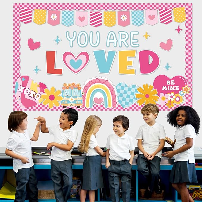Valentine's Day Bulletin Board Decoration Set Happy Valentine's Day You are Loved Classroom Decorations Love Heart Rainbow Flowers Paper Cutouts for School Home Office Chalkboard Wall Door Decor
