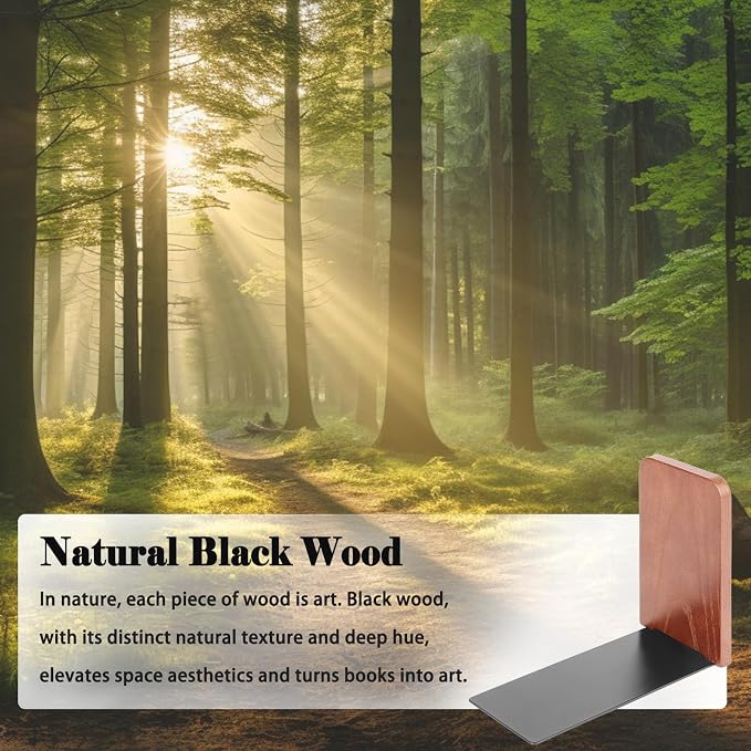 Book Ends, Black Wooden Bookends for Shelves - Heavy Duty Non-Slip Book Organizers, Upgraded Decorative Bookend Holders for Home, Kitchen, Office, Set of 2 Book Stopper, Small