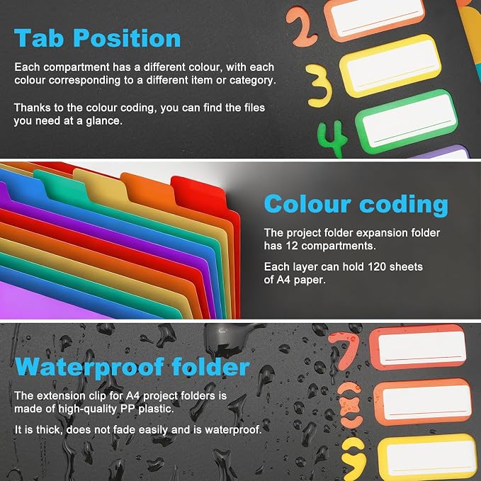 1 Pack Expanding File Folder with 12 Pockets: A4 Accordion Document Organizer with Elastic Closure & Rainbow Tabs, Portable PP Plastic File Holder for Office, School, Home (Black-1 Pack)