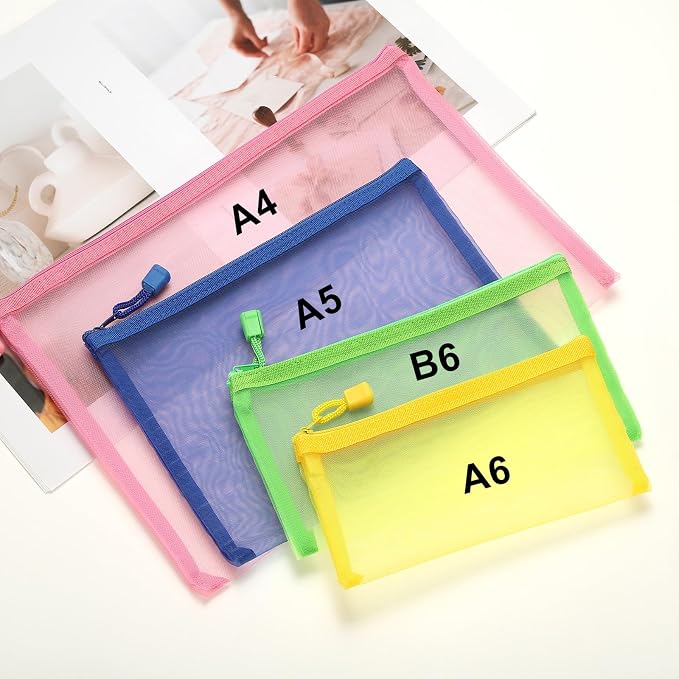 PATIKIL A4 Mesh Zipper Pouch Bags, 5 PCS Mesh Bags with Zipper Plastic Storage Pocket for Organizing File Beads Office Home Supplies, 34x24cm, Yellow