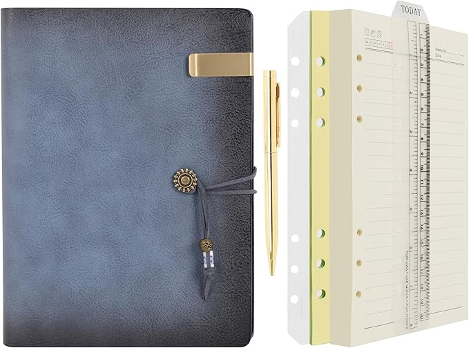 Wonderpool Leather Journal Lined Paper Notebook & Pen - Refillable 6 Ring Binder Writing Spiral Diary with Ruled Notepads Vintage Cover for Office Travel Work and Plan Agenda (A5, a-Mist blue)