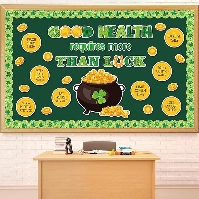 JarThenaAMCS St. Patrick's Day Health Bulletin Board Set Lucky Shamrock Classroom Decorations Clover Gold Coin Paper Cutouts for Irish Party Supplies School Classroom Chalkboard Wall Decor