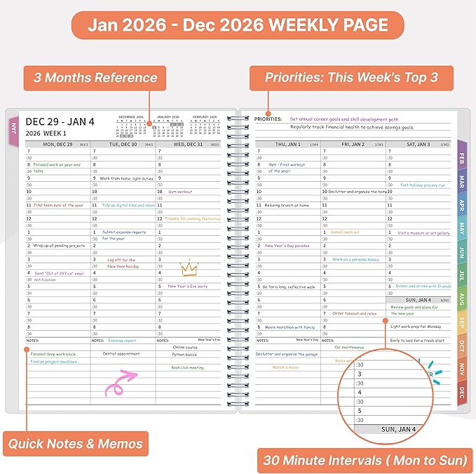 2026 Appointment Book, 30 Minutes-Hourly, Weekly ＆ Monthly Calendar Planner 2026, Jan 2026 - Dec 2026, 8.5'' x 11'', 2026 Daily Planner with Tabs ＆Pocket, Flexible Cover, Great for Office, Home, School