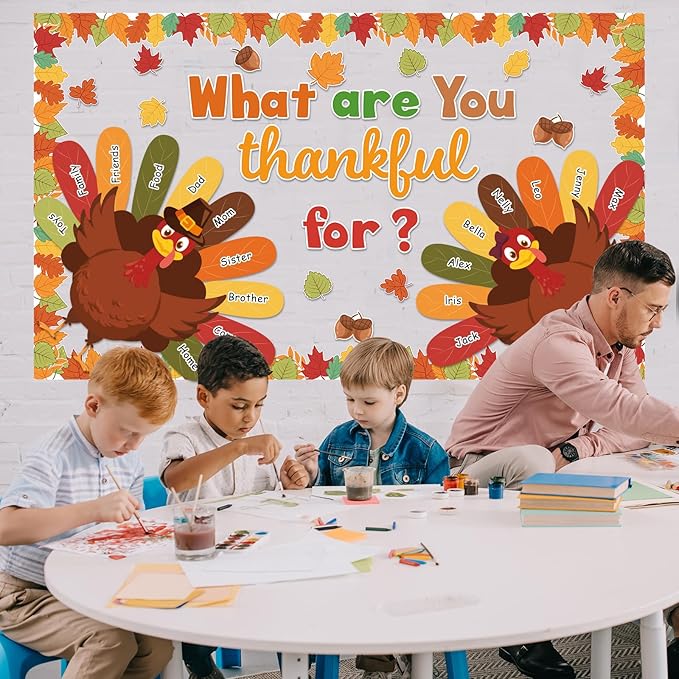 Fall Thanksgiving Turkey Classroom Bulletin Board Decorations We are Thankful Cutouts Autumn Maple Leaves Turkey Bulletin for Fall Harvest Student Teacher Wall Chalkboard Decor Supplies