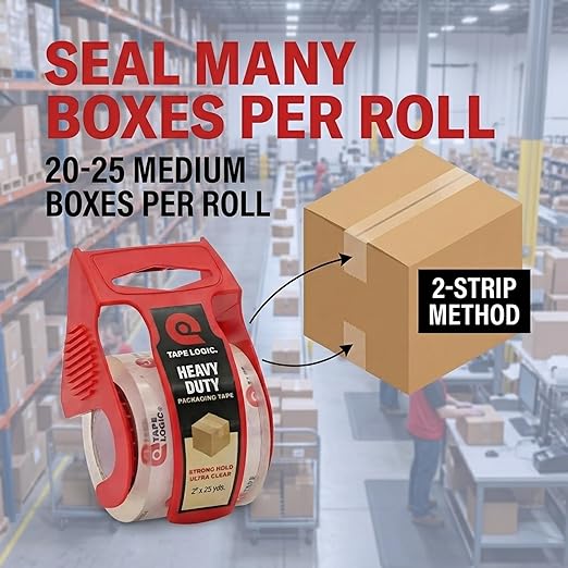 Tape Logic Heavy Duty Packing Tape with Dispenser (1 Pack) – 2.6 Mil Thick Clear Shipping Tape, 2 in x 25 yd – Strong Industrial Adhesive for Moving Boxes, Mailing, & Shipping Packaging