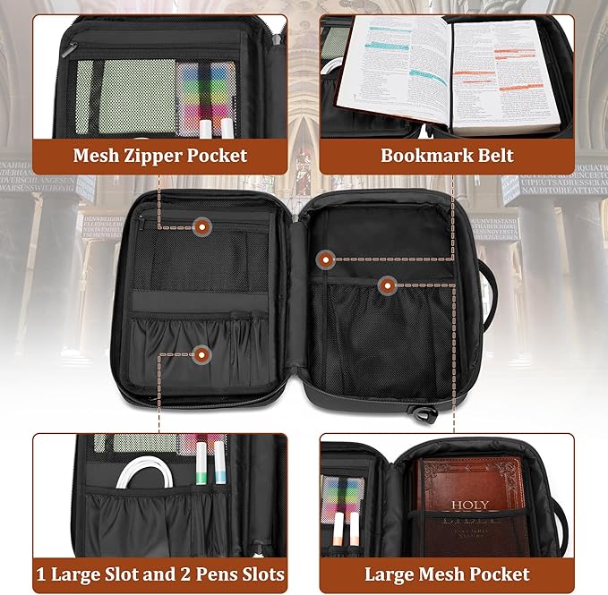 Damero Bible Cover for Men, Bible Carrying Case Church Bag with Multiple Pockets, Bible Case with Top Handle and Shoulder Strap, Black