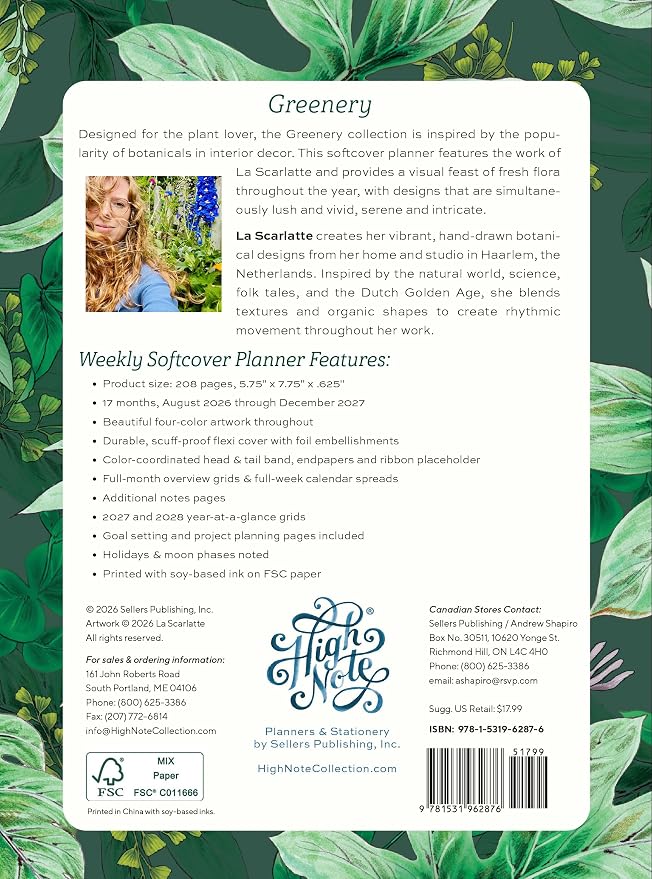 High Note 2027 Planner, 17-Month Weekly & Monthly Flexible Cover Calendar Book with Goal & Project Planning Pages, August 2026 – December 2027, 5.75" x 7.5", Greenery