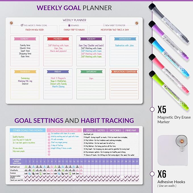 Magnetic Whiteboard for Fridge - Large Dry Erase Calendar for Wall | 2 Magnetic Dry Erase Board 10.5" x 16.5" & 7" x 16.5", Monthly Goal Setting & Habit Tracker, 5 Markers and 6 Adhesive Hooks