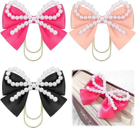 Chunful 3 Pcs Satin Bow Bookmarks with Gold Clip, Pearl Ribbon Bow Paper Page File Planner Marker Paperclips Girly Cute Bookmark for Women Aesthetic Book Lover Gifts Elegant Book Accessories
