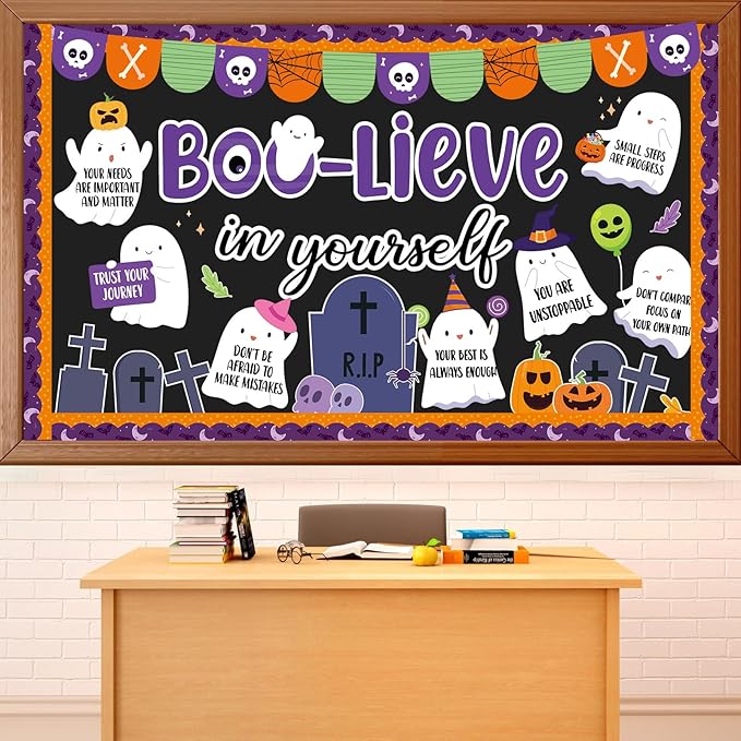 Halloween Ghost Bulletin Board Set Boo-Lieve in Yourself Affirmation Station Bulletin Board Classroom Decorations Cute Ghost Pumpkin Paper Cutouts for Halloween Party School Classroom Home Wall Decor