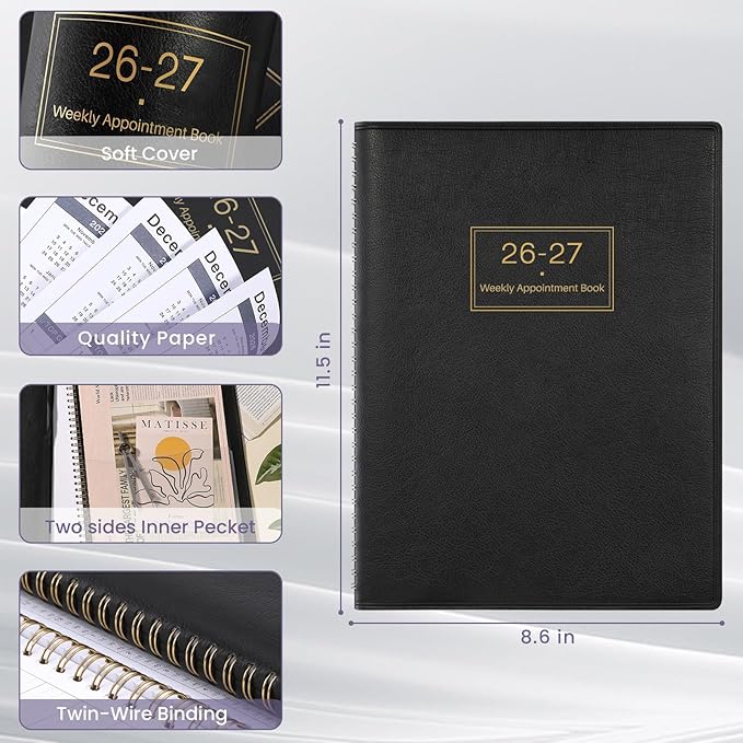 Appointment Book 2026-2027 - Daily Hourly Planner 2026-2027, Jul 2026 - Jun 2027, Appointment Book, 8.5" x 11", 26-27 Planners Weekly with 30-Minute Interval, Leather Cover, Colorful Tabs - Black