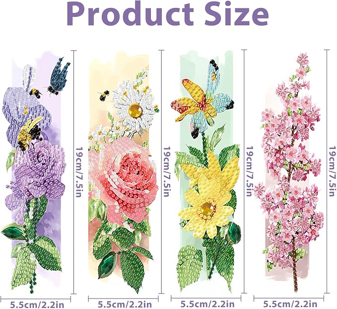 Flower Diamond Art Bookmarks for Adults, 4 PCS Flower Diamond Painting Bookmarks with Pendant, 5d Gem Art, Acrylic Easy DIY Crafts for Books Decor Gift