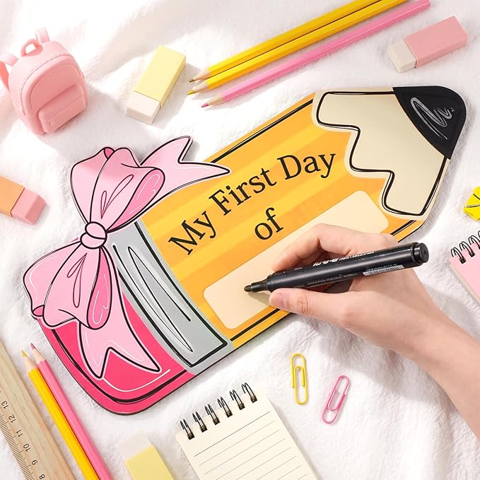 Novabright Pink Bow First Day of School Board Double Sided Printing Pencil First Day Sign 1st of Kindergarten Preschool Chalkboard for Back to School Supplies Kids Girls