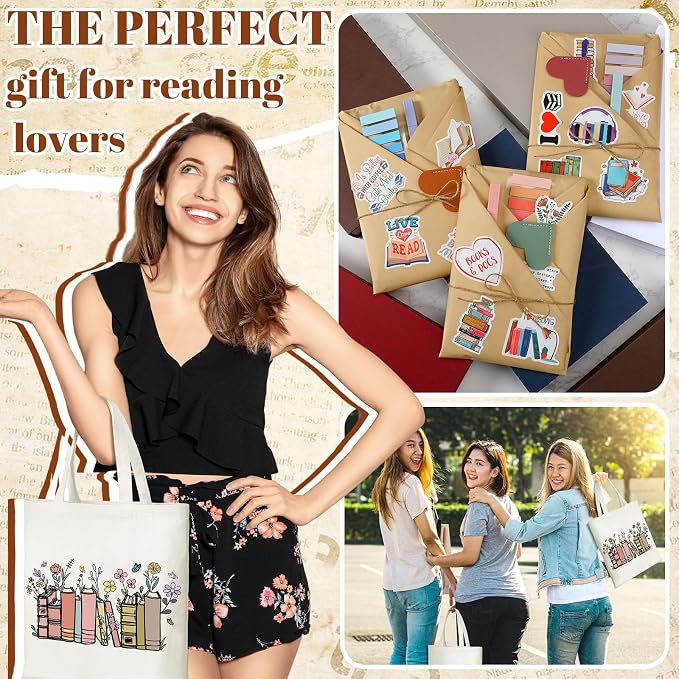 Resurhang 6 Sets/92 Pcs Blind Date with a Book Gift Supplies Book Lovers Gifts Books Club Gifts Kits Including Wildflower Canvas Bags Bookmarks Stickers Bookish Librarian Readers Gift for Women Men