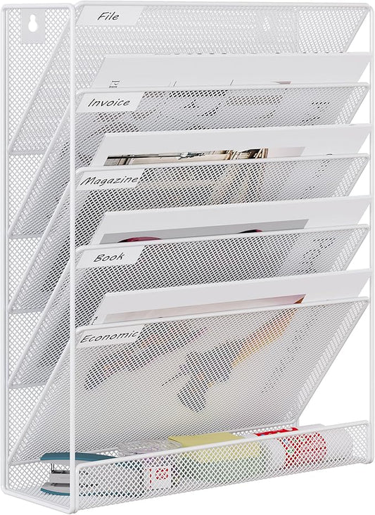 EasyPAG 5 Tier Wall File Holder, Mesh Hanging Folder Organizer with Classify Label, Versatile Desk File Holder, Vertical Wall Mounted Mail Organizer for Office Home Cubicle, White