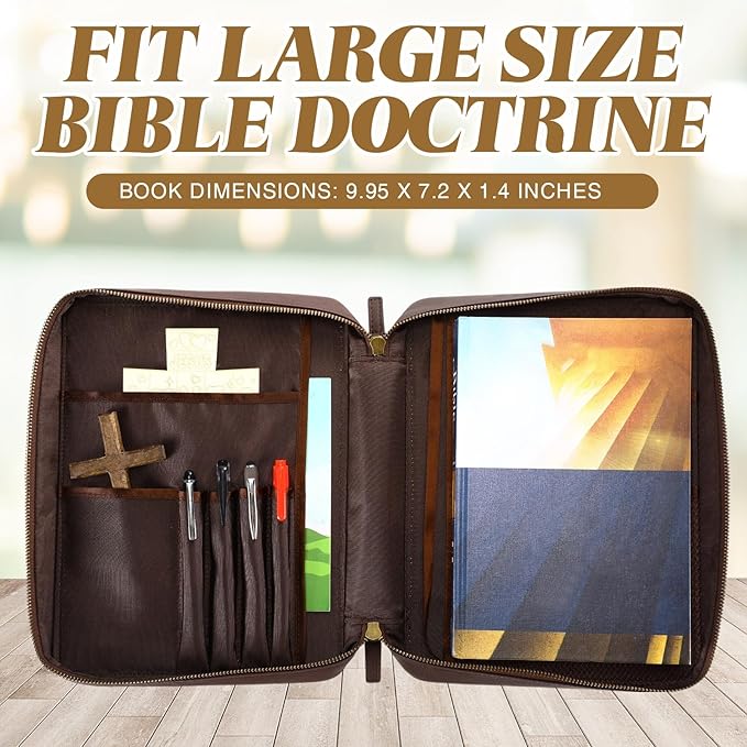Top Grain Buffalo Leather Bible Cover Christmas Real Leather Bible Book Cover with Handle, Pocket, Zipper, Book Protective Holder Christian Religious Carrying Case Organizer Portfolio
