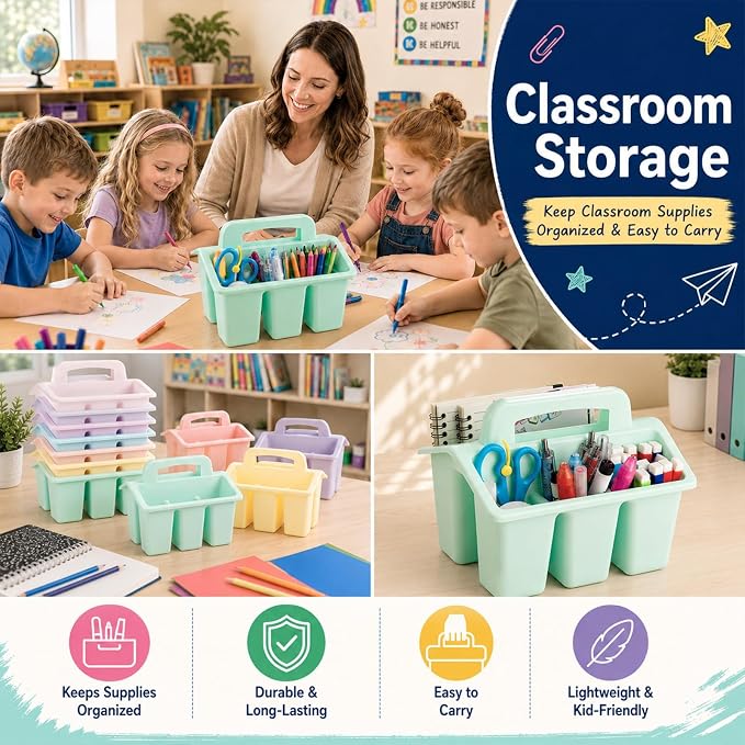 8 Pack Classroom Caddy Storage Basket with Handle 4 Compartment Storage Caddy Plastic Arts Crafts Caddies Protable Classroom Craft Caddies for Kids Schools Art Craft Supplies(Pastel)