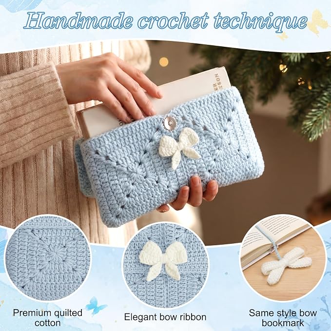 Maitys Crochet Bible Sleeve with Bow 11 x 9 Inch Handmade Blue Crochet Book Cover Protector with Magnetic Snap Washable Bible Bag Pouch Christian Gift for Women Book Lover Gifts