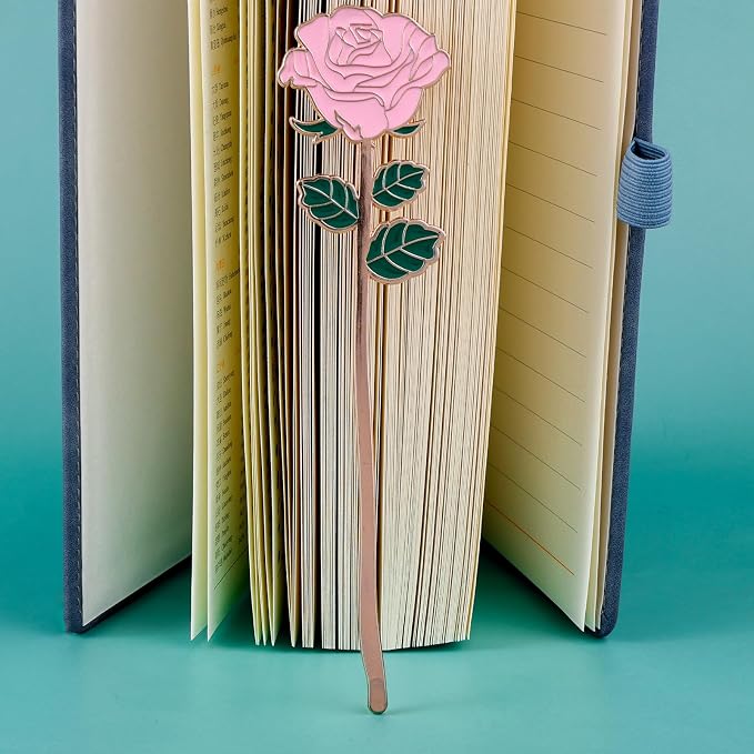 Bewudy Red Rose Bookmark Gift, Metal Book Page Holder for Reading Lovers, Teacher Appreciation Gifts Valentine Mother's Day Christmas Birthday Gift for Women Book Lovers (Pink Rose)