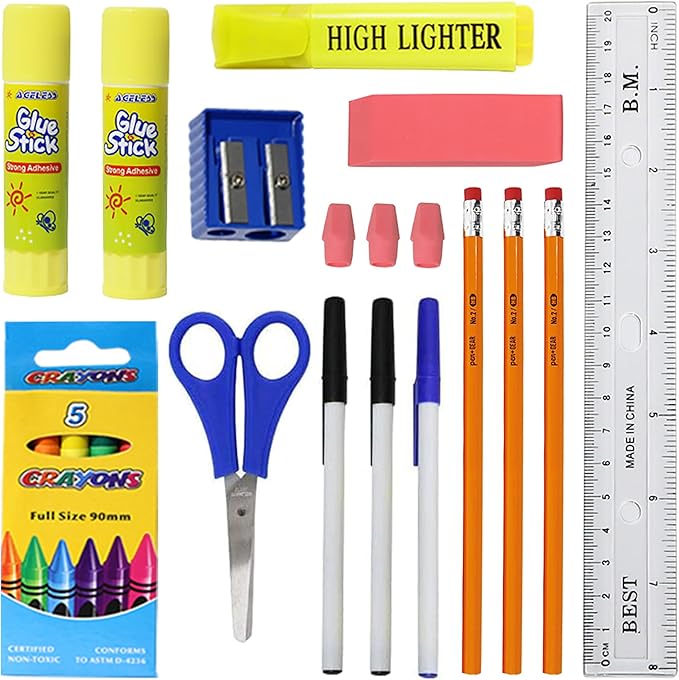 22 Piece Bulk School Supplies Kit for K-12 - Essential Box of School Supplies for Elementary, Middle, and High School Students - Pens, Pencils, Crayons