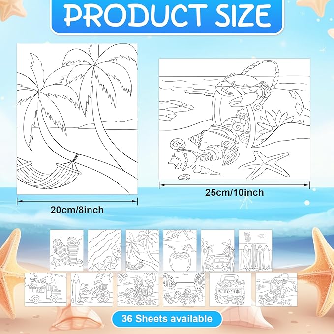 COCHIE 36PCS 8x10 Inches Summer Coloring Pages for Kids, Bulk Color Your Own Semmer Beach Paper Crafts Party Favors, Small Coloring Sheets Holiday Gifts