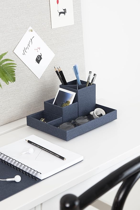 Bigso Box of Sweden Desk Storage Organiser for Stationery - Pen Holder with 4 Compartments for Various Office Items - Fibreboard and Paper Stationery Storage - Blue