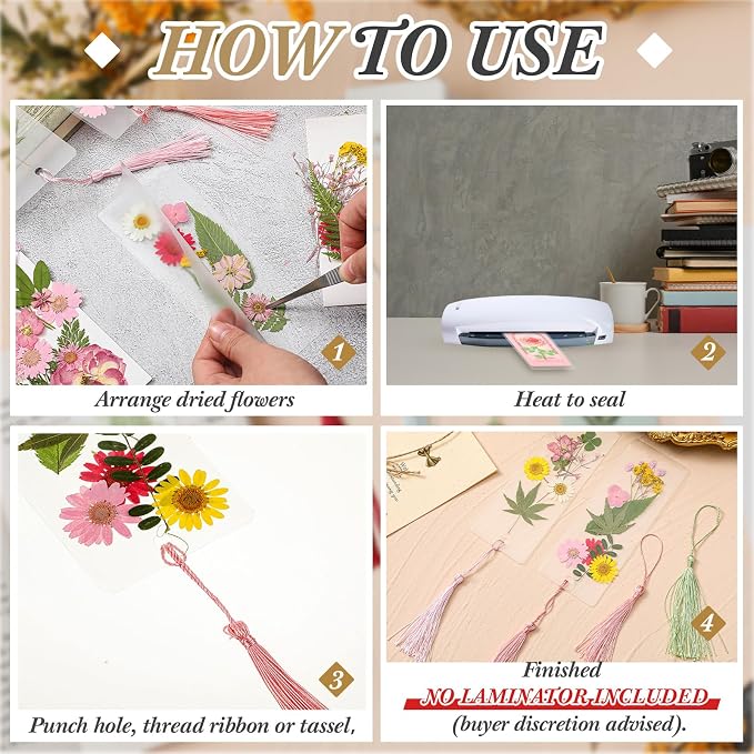 Fuyoooo 176 Pcs Dried Flower Bookmark Making Kit, DIY Bookmark Laminating Pouches with Tassels and Puncher DIY Project Gifts for Women Night Out Craft Book Lovers (Pink,3 Size)